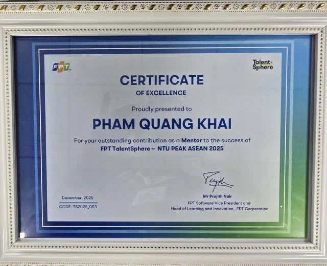 Certificate of Excellence awarded for mentoring contribution